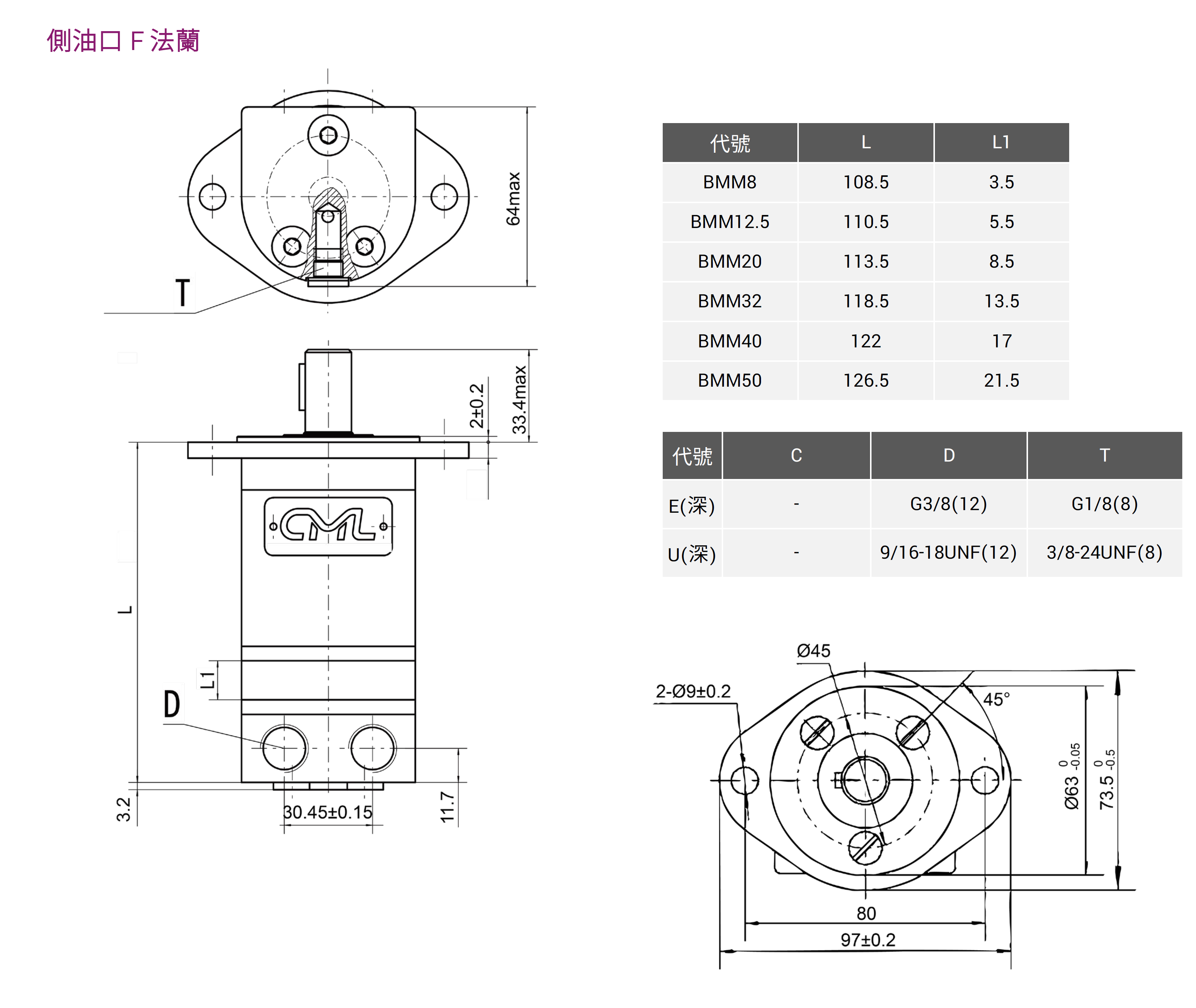 CML小排量擺線式油壓馬達BMM尺寸圖，側油口F法蘭。