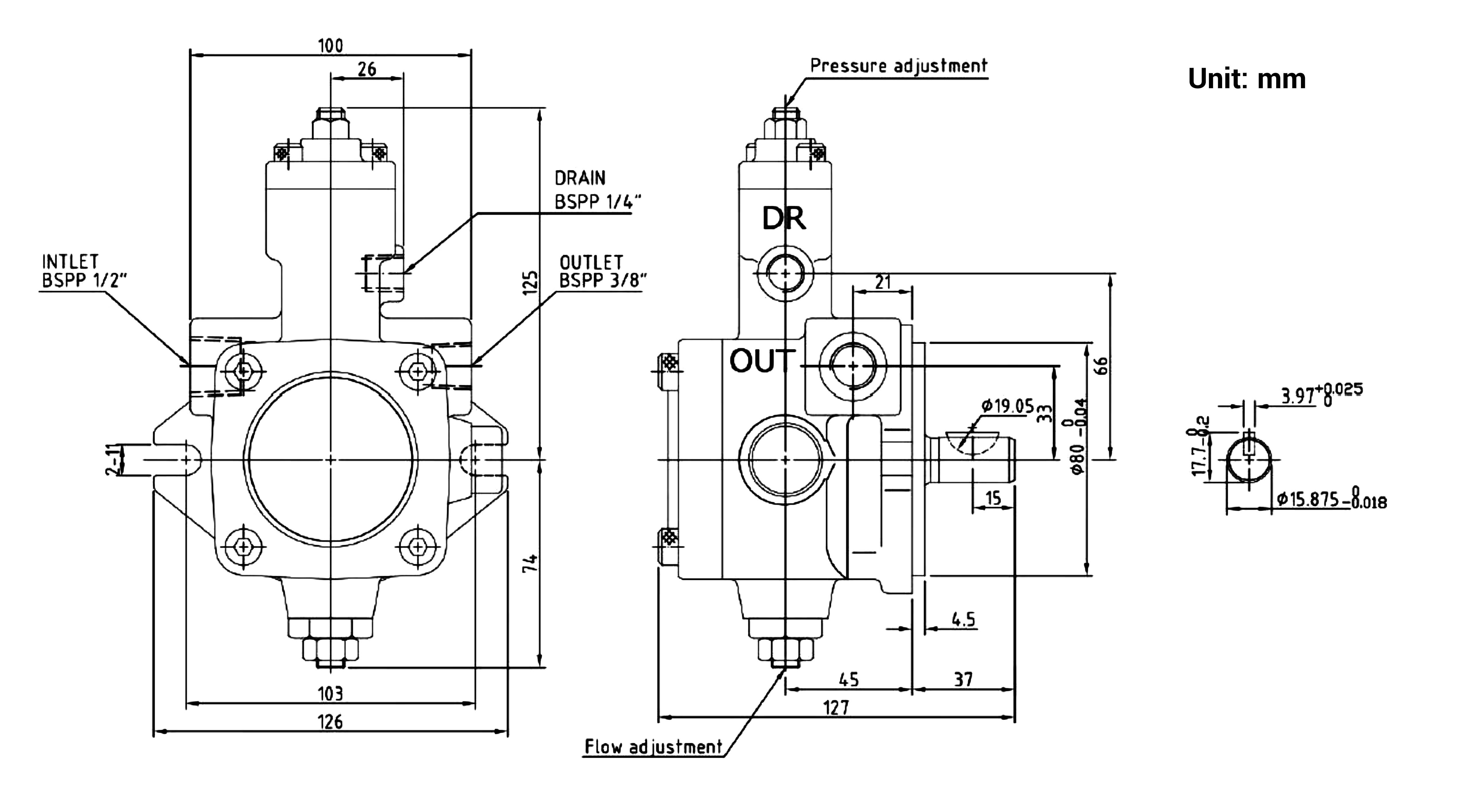 CML PV7 Typus Pressura Inferior Variabilis Vane Pump Dimensionis